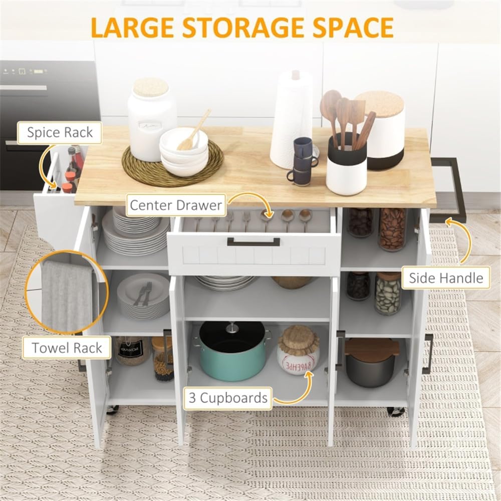 Rolling Kitchen Island on Wheels Kitchen Cart with Solid Wood Drop Leaf Breakfast Bar, 1 Storage Drawer 4-Door Cabinets Spice Rack,White