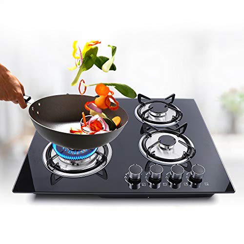 Gas Cooktop with 3 Burners, Countertop Gas Cooktop, Black Tempered Glass Panel Built-in LPG Gas Hob Cooktop, Gas Stove Hob for RV Camper Caravan Outdoor Apartments