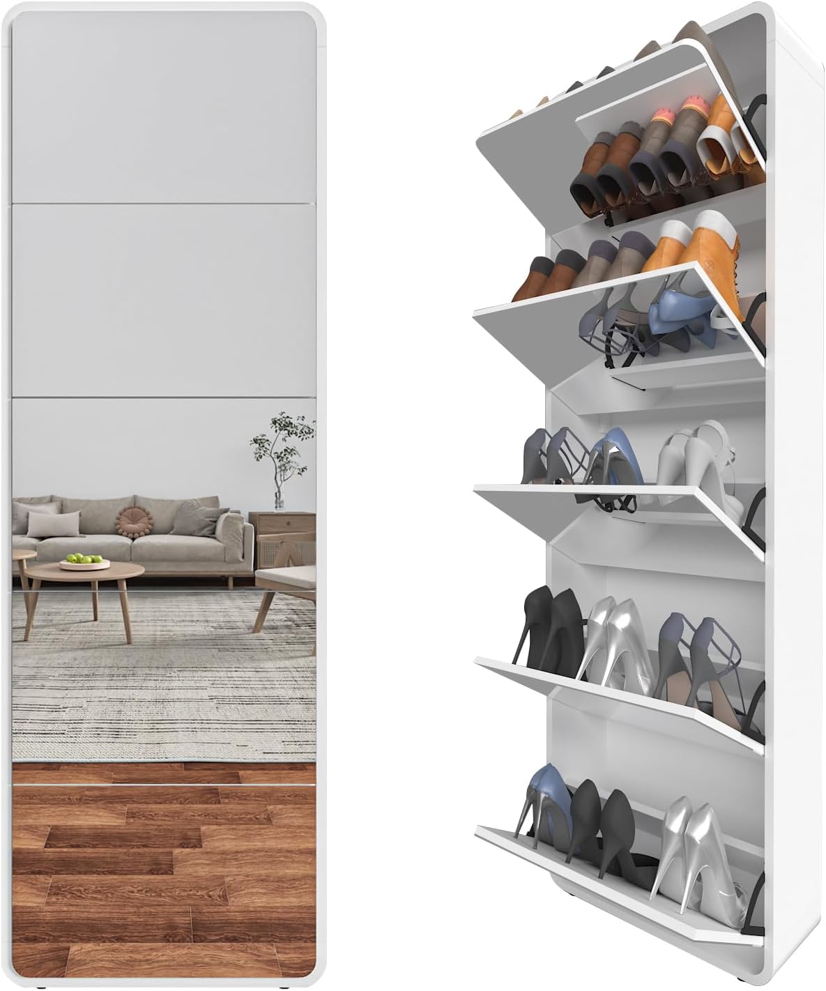 Arc Mirror Shoe Cabinet, FreeStanding Shoe Storage Organizer with Filp Drawers, 5 Tier Hidden Shoe Rack for Closet, Door, Entrance