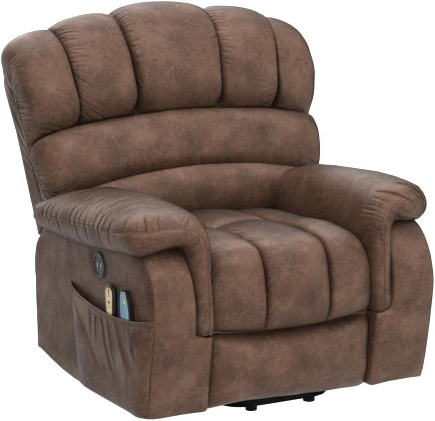 Large Electric Power Lift Recliner Chair for Elderly Big People, Heated Massage Motorized Reclining Sofa, Wide Recliners with 2 Remote Controls, Side Pockets & USB Ports, Brown
