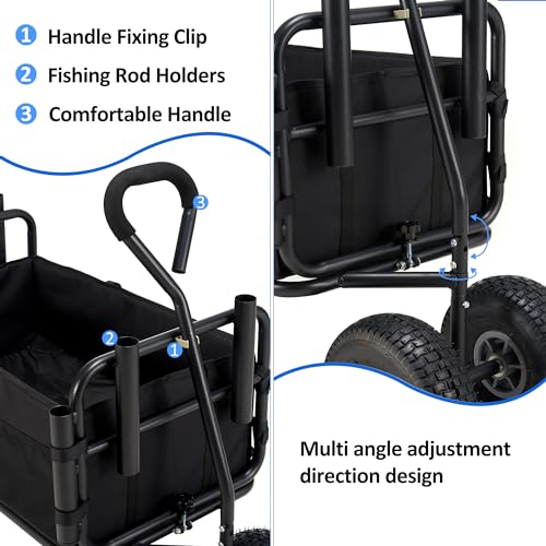 AHB Fishing Cart 550lbs Beach Wagon Cart, Heavy Duty Foldable Cart with All Terrain Big Wheels, Collapsible Wagon with 5 Rod Holders, Umbrella Holder and Cargo Net (Black)