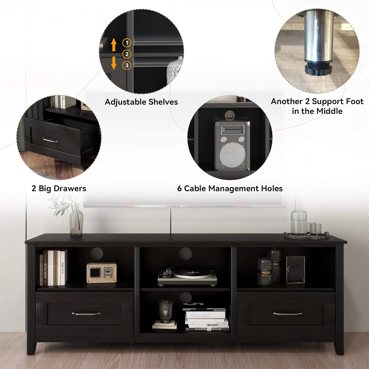 Black TV Stand for 55/65/70/75/80 inch TV, TV Media Center, Modern Entertainment Center with Drawers Wood Storage Cabinet Media Console for Living Room, Bedroom, 70 inch Long
