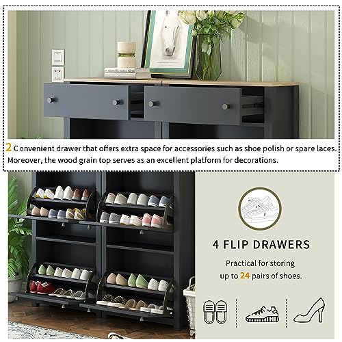 Shoe Cabinet with 2 Flip Drawers Modern Slim Hidden Shoe Storage Organizer Narrow Shoe Storage Cabinet Freestanding Shoe Rack Cabinet with Adjustable Panel for Entryway, Hallway, Living Room