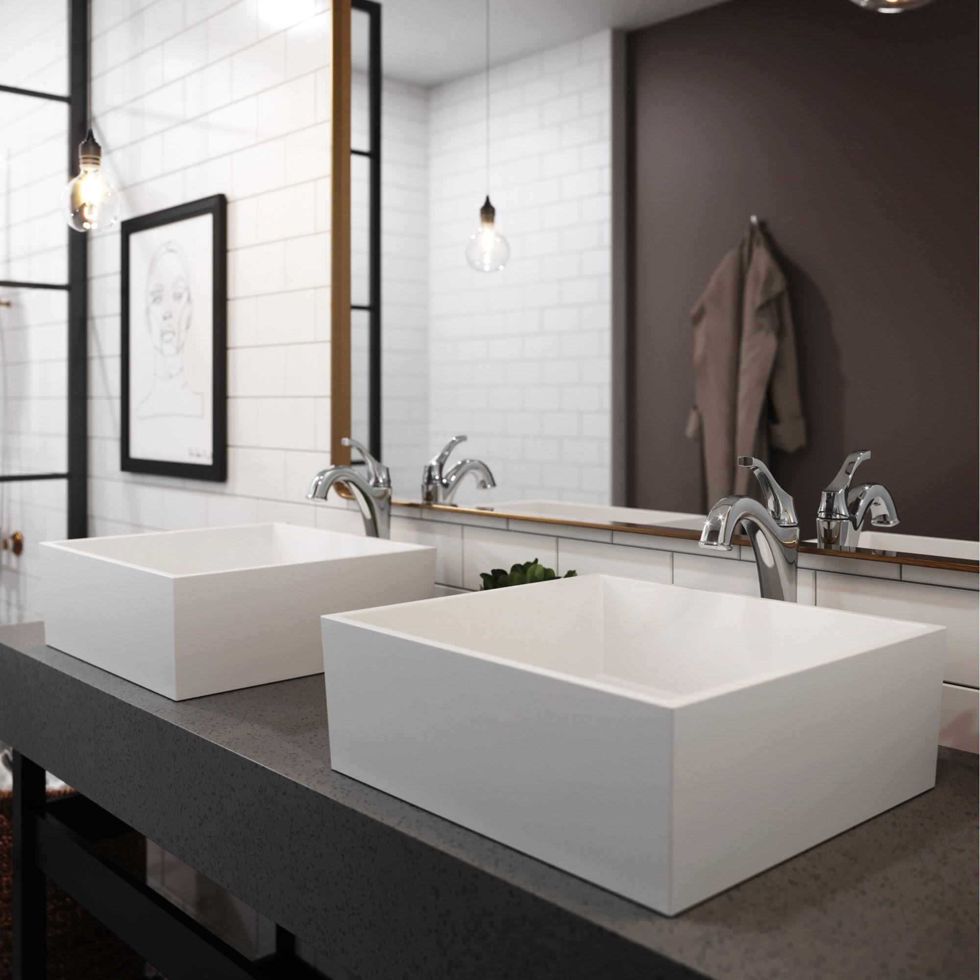 Kraus C-KSV-5MW-1200SFS Natura Series 16 4/5x22 White Matte Solid Surface Square Bathroom Vessel Sink and Spot Free Arlo Faucet