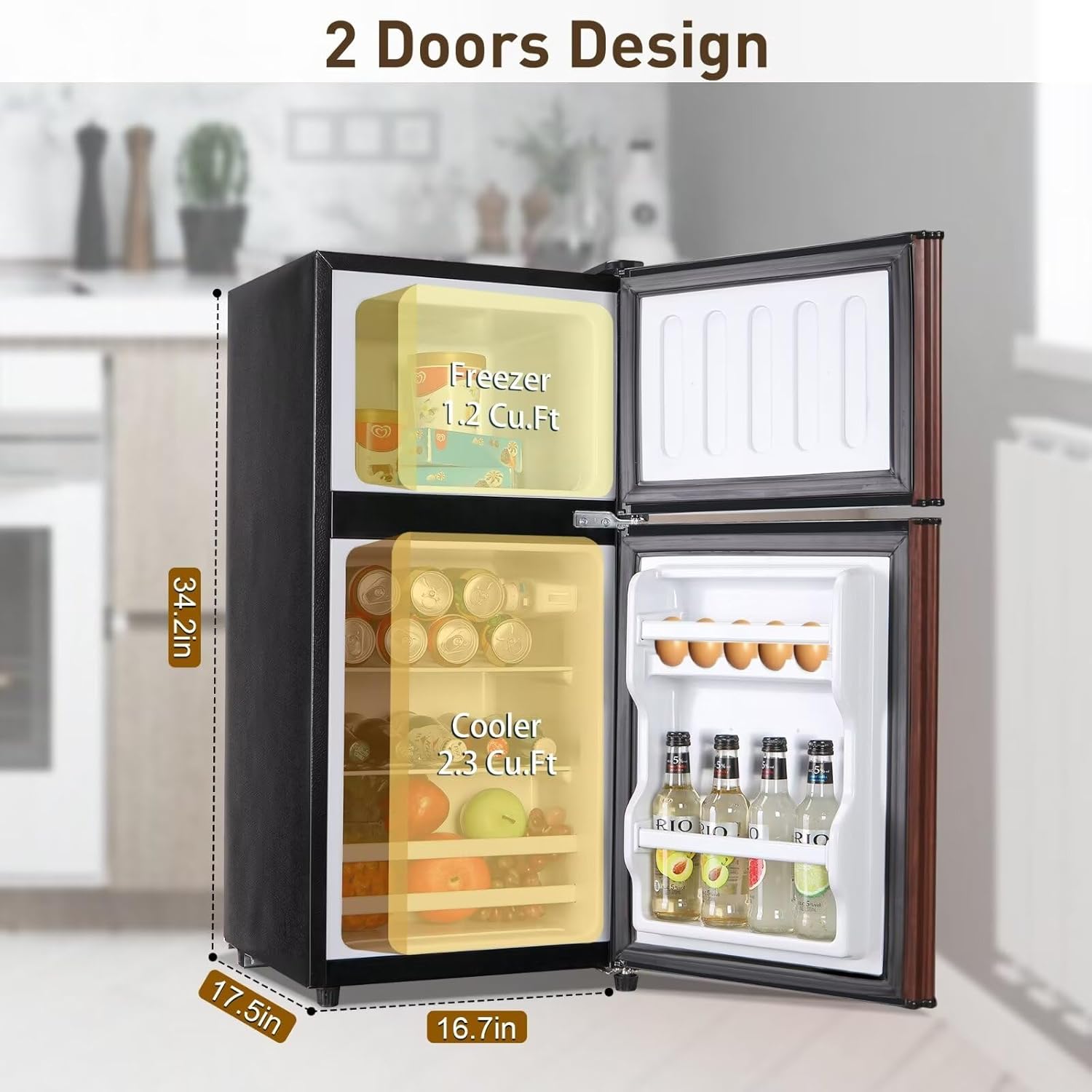 Compact Refrigerator, 3.5 Cu.Ft Small Fridge with Double Door, Apartment Size Refrigerator with 7 Level Adjustable Thermostat Control Perfect for Kitchen Dorm Apartment Office Wood