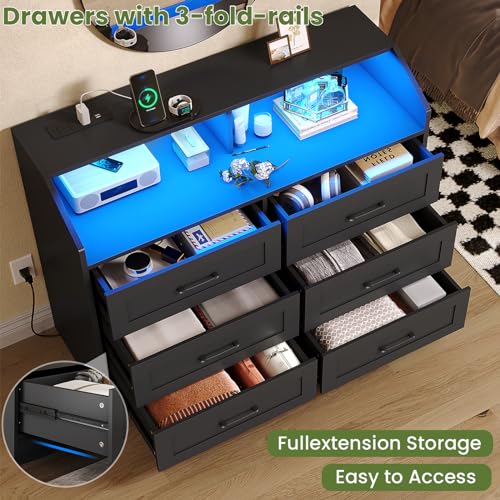 Hasuit White 6 Drawers Dresser with LED Lights and Charging Station, Modern Wood Bedroom Storage Tower Clothes Organizer, Chest of 6 Drawers Storage Cabinet with Deep Drawers for Bedroom, Living Room