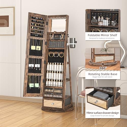 4 Wheels Jewelry Armoire with LED Light, Movable Jewelry Cabinet Standing with Full-Length Mirror, Lockable Jewelry Organizer with Mirror Storage Drawer, White