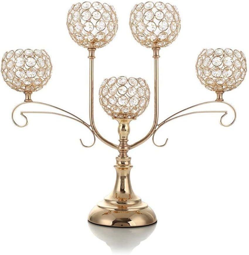VINCIGANT 5 Arms Gold Candelabra / Crystal Candle Holders for Wedding Home Holiday Table Centerpieces Decoration