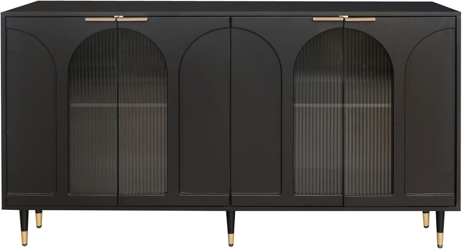 Buffet Cabinets with Lockers, Accent Lockers with Black Lacquered Wood and 4 Fluted Glass Doors, with Metal Legs, Modern Kitchen Sideboards, Used in Living Rooms,Entryway,Dining Rooms.