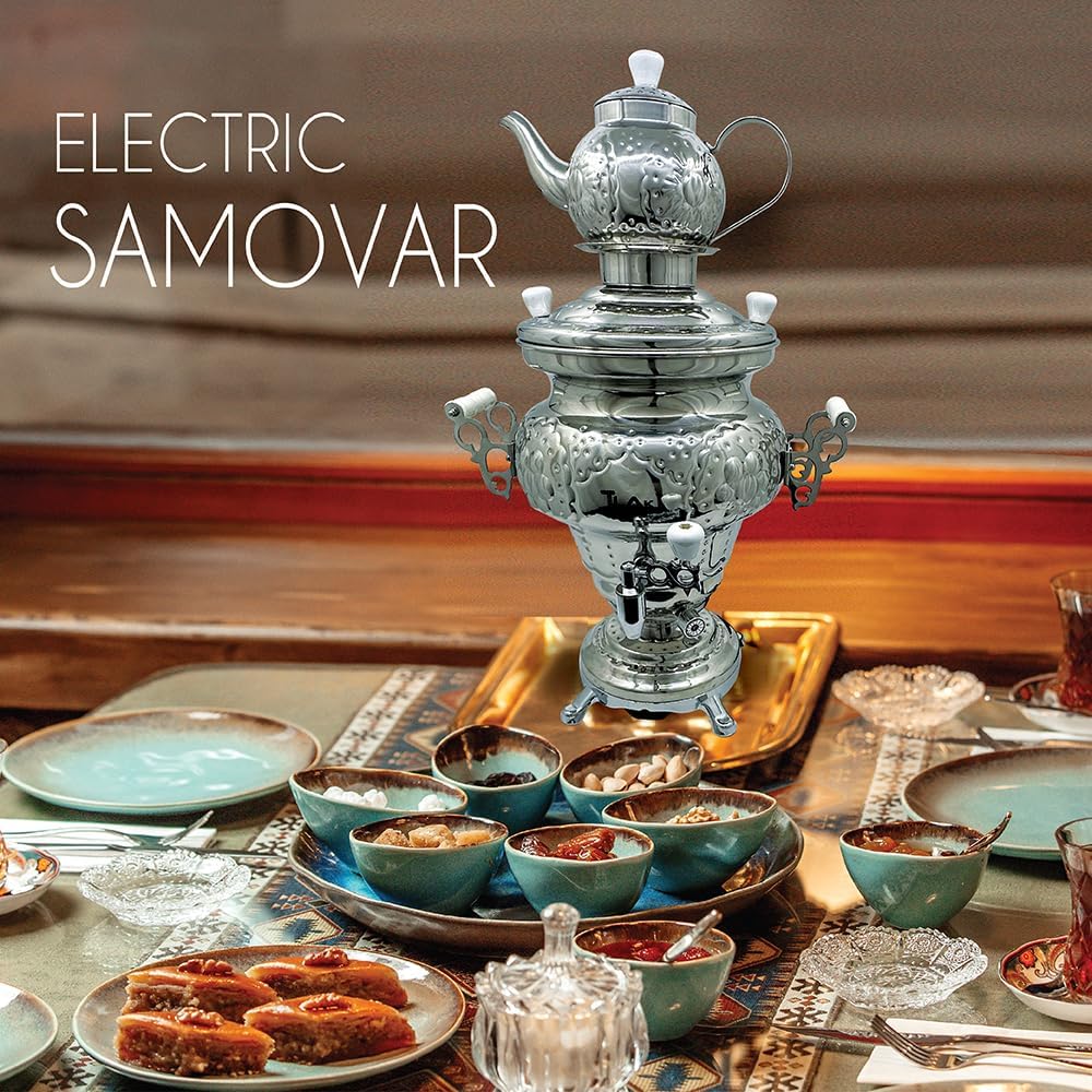 Electric Stainless Steel Samovar - Modern Traditional Design Tea Kettle Overheat Protection LED Temperature Stainless Pot (1 liter) Large Stainless Steel (5.0 Liters) Silver