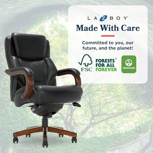 La-Z-Boy Delano Big & Tall Executive Office Chair, Ergonomic Mid-Back Body Pillow Lumbar Support, ComfortCore Memory Foam Cushion, Mahogany Wood Arms & Swivel Base, Bonded Leather, Chestnut Brown
