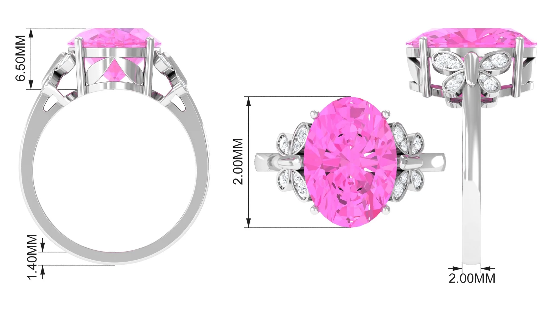 Oval Created Pink Sapphire Solitaire Ring with Diamond for Women - 10X14 mm, 925 Sterling Silver, US 4.00