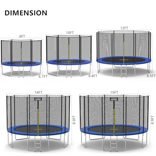 AOTOB 8FT 10FT 12FT 14 FT 15FT Trampoline with Safety Enclosure Net，Outdoor Trampoline with Basketball Hoop, Heavy Duty Jumping Mat and Spring Cover Padding for Kids and Adults, Storage Bag and Ladder
