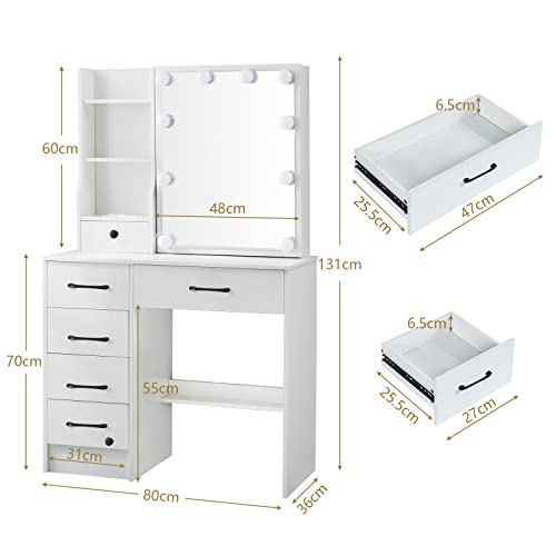 White Vanity Desk with Makeup Mirror and 10 Lights, 3 Color Mode Dimmable Sliding Lighted Mirror, 6 Large Drawers and 3 Level Storage Shelves, Bedroom Dressing Table Upholsterted Stool