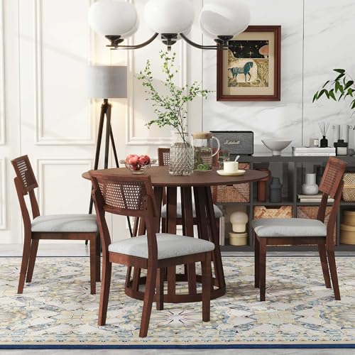 47.2'' Round Dining Table Set for 4 6 Wood Dining Room Table and 4 Upholstered Chairs 5-Piece Kitchen Table Leisure Coffee Table with Rattan Backrests Chairs, Walnut