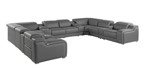 Ibero 12-Piece Italian Leather Sectional Sofa Set with 4 Recliners, Power Adjustable Headrests, USB and Wireless Phone Charger and Console Storage, Light Gray