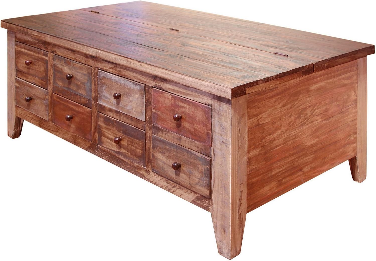 Benjara Fena 50 Inch 8 Drawer Coffee Table, Lift Top, Distress Pine Wood, Brown and Multicolor
