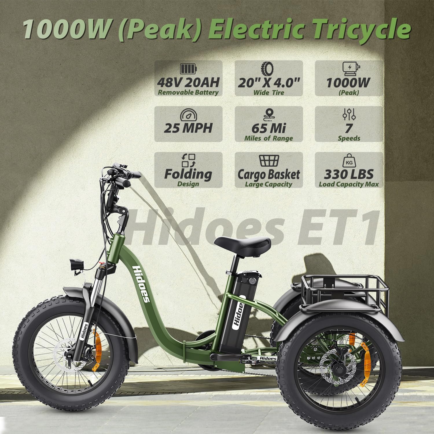 Hidoes Electric Tricycle for Adults, 1000W (Peak) - 20"X 4.0" Fat Tire Electric Trike, 48V 20Ah Removable 65 Miles Electric Trike for Adults, MAX 330LBS 7 Speed Folding Triciclo Eléctrico Para Adultos
