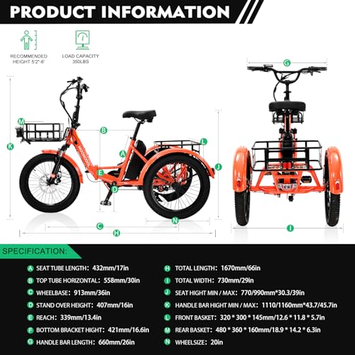 MOONCOOL Electric Tricycle for Adults, 500W 48V Folding Electric Trike Peak Power 750W, 3 Wheels Electric Bicycle, Aluminum Frame Electric Tricycle with Large Basket and Removable Battery