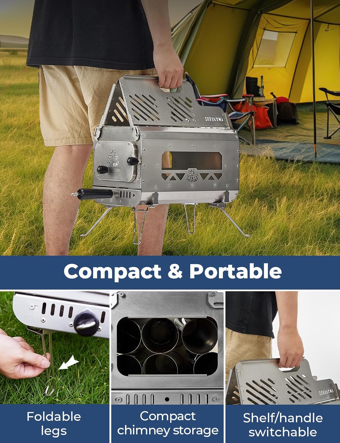 DEERFAMY Tent Stove, Portable Hot Tent Stove, Small Stainless Steel Camping Tent Stove with 6 Chimney Pipes for Outdoor Heating and Cooking