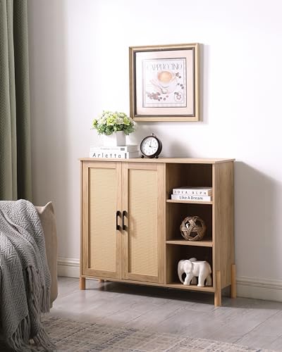 Storage Cabinet, Bathroom Cabinet with Rattan Doors, Bathroom Floor Cabinet with Open Storage & Adjustable Shelf, Coffee Bar, Storage Cabinet for Living Room, Bedroom, Entryway, Natural