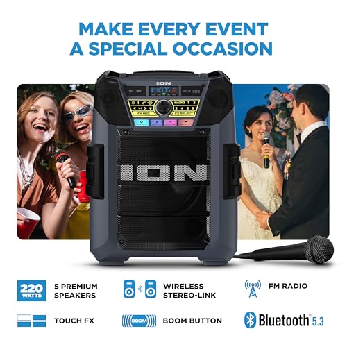 ION Block Rocker - Portable Bluetooth Outdoor Party Speaker with Karaoke Microphone, Battery, 4 Speakers, Radio, USB Port, App, Water-Resistant, 120W