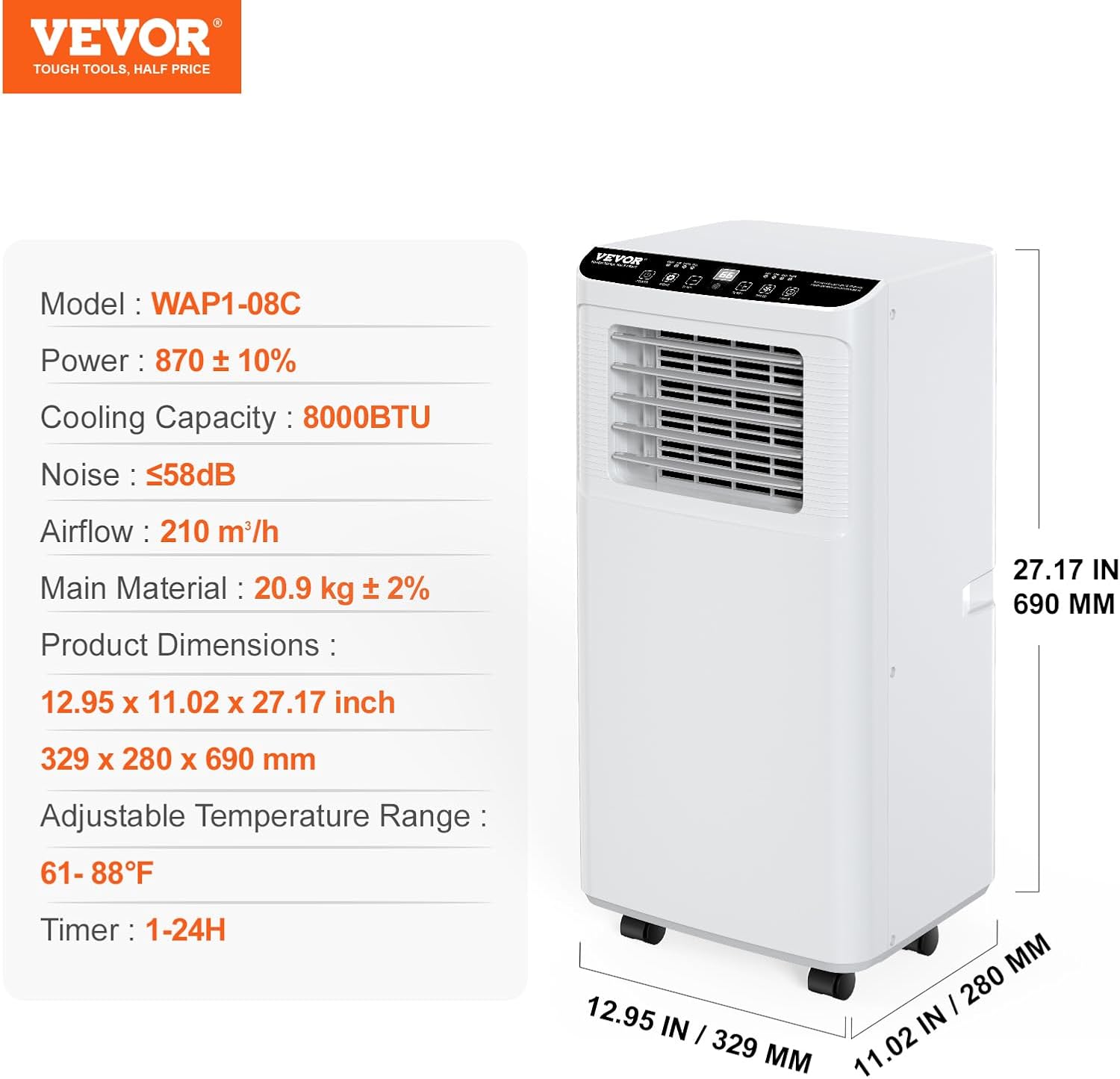 VEVOR 8,000 BTU Portable Air Conditioners - Cool to 350 Sq.Ft with Remote Control, 3-in-1 Portable AC Unit with Dehumidifier, Fan Modes for Bedroom, Office with Timer and Installation Kits, White