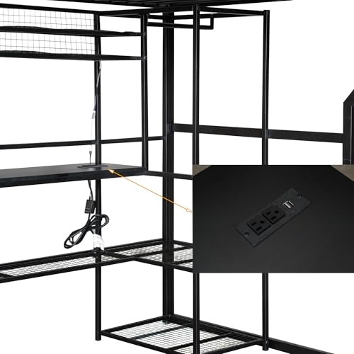 Bellemave Full Size Loft Bed with L-Shaped Desk, Full Metal Loft Bed with 6 Storage Shelves, LED Light, Charging Station, Loft Beds with Open Wardrobe, No Box Spring Needed Black