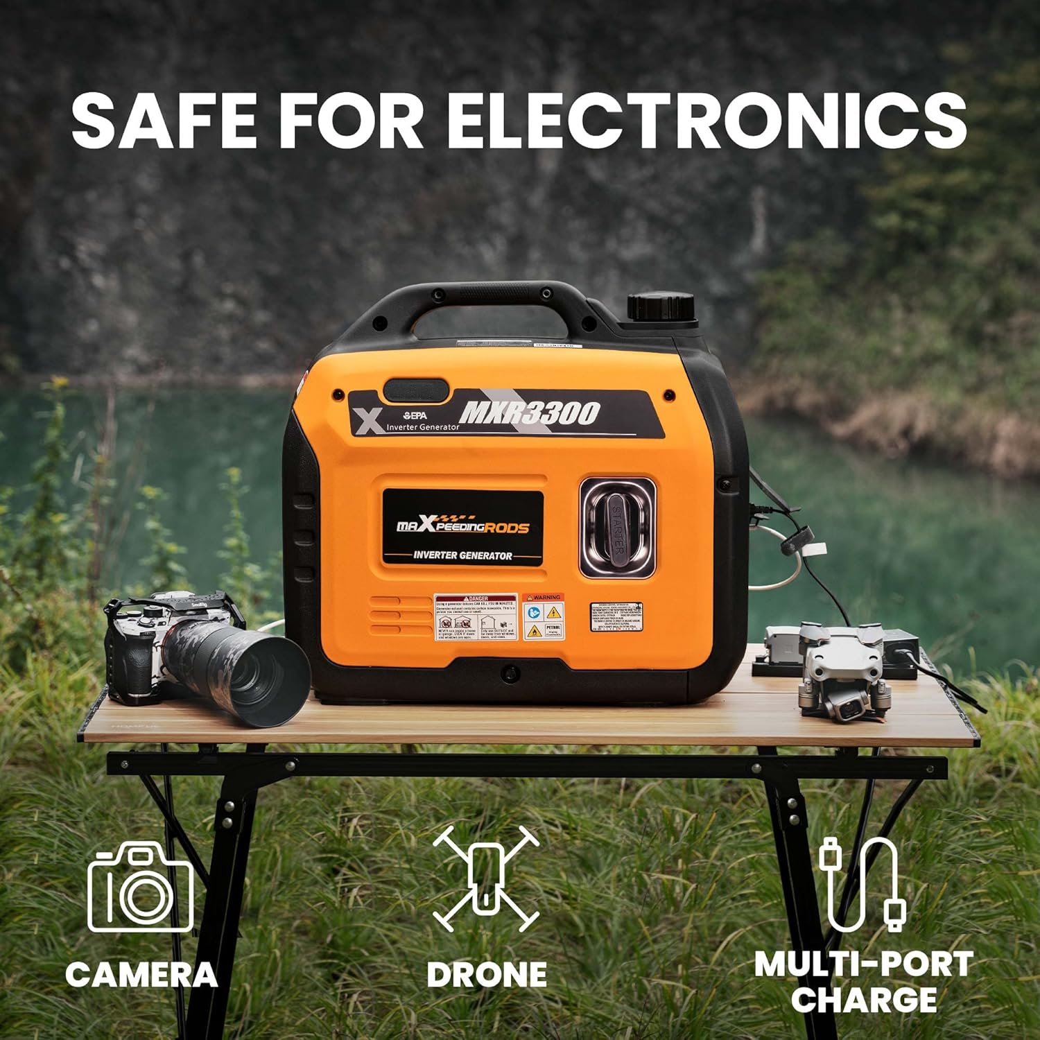 maXpeedingrods Portable Inverter Generator 3000W/3300W, Gas Powered Quiet Generator, EPA Compliant, for Home Camping Jobsites Woodwork, Co Alarm, RV Ready