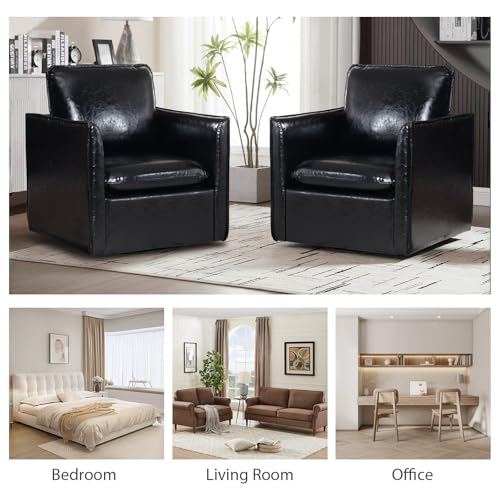 Swivel Accent Chair, Leather Upholstered Arm Chair with Back Pillow Mid Century Modern Barrel Chairs for Living Room, Bedroom, Corner, Club (Green)