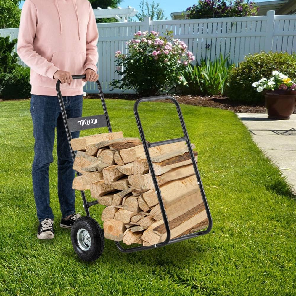 ROVSUN Firewood Cart Wood Hauler Fireplace Log Carrier Mover, Outdoor Indoor Wood w/ Rolling Wheel Dolly Storage Holder