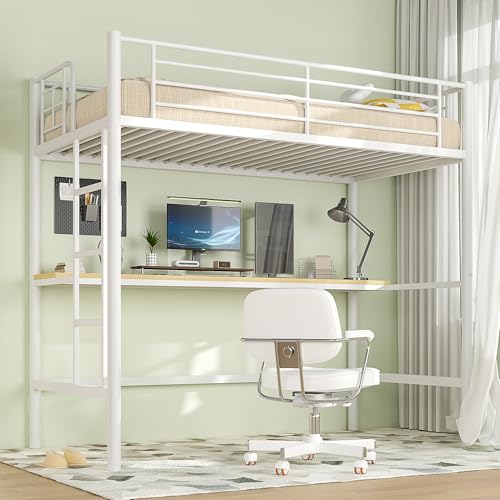 VECELO Metal Loft Bed Twin Size, Heavy Duty Bedframe with Removable Ladder and Safety Guardrail, Space-Saving, Noise Free, No Box Spring Needed, Off White