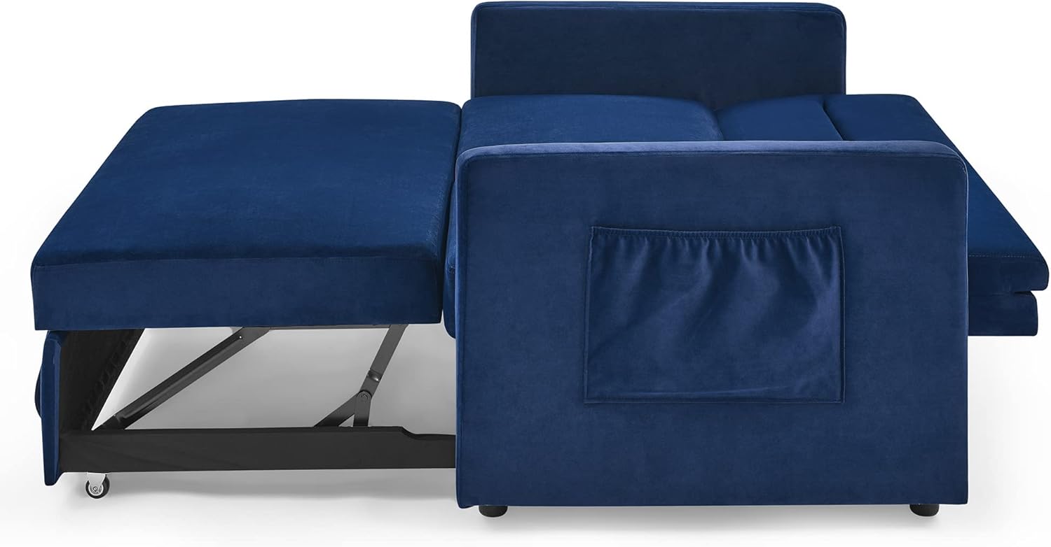 3-in-1 Multi-Functional Convertible Sofa Bed, Comfy Upholstered Sleeper Loveseat Futon Couch Pull, Chaise Lounge with Adjustable Backrest Sofabed, Blue 54.5"
