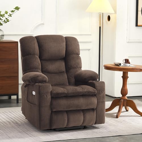 MCombo Large Triple Motor Power Lift Recliner Chair with Massage and Dual Heating, Adjustable Headrest for Tall Elderly People, Fabric 7634 (Grey, Large)