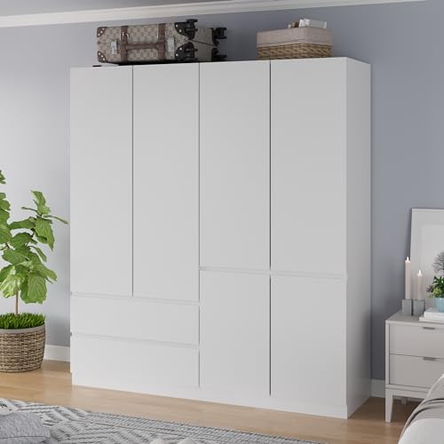 Armoire Wardrobe Closet with Drawers and Doors, 4 Door 2 Drawers White Bedroom Armoires Wooden Wardrobe with Shelves and Hanging Rod, 20.39" D x 63" W x 78.74" H