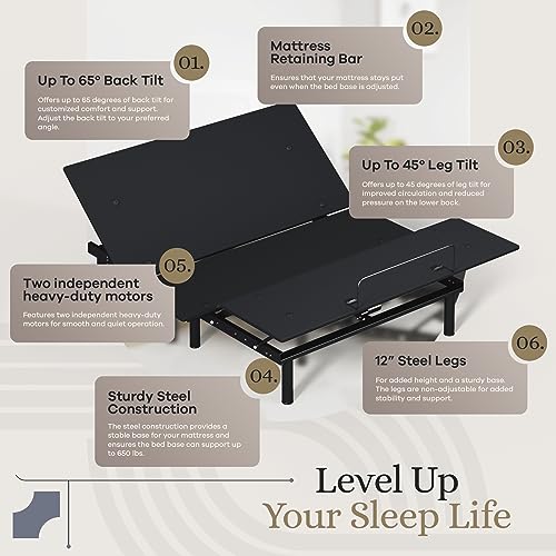 Sven & Son Essential Adjustable Bed Base (Frame Only), Easy Assembly, Head and Foot Lift, Memory Positions, Zero Gravity, Wireless Remote - Queen