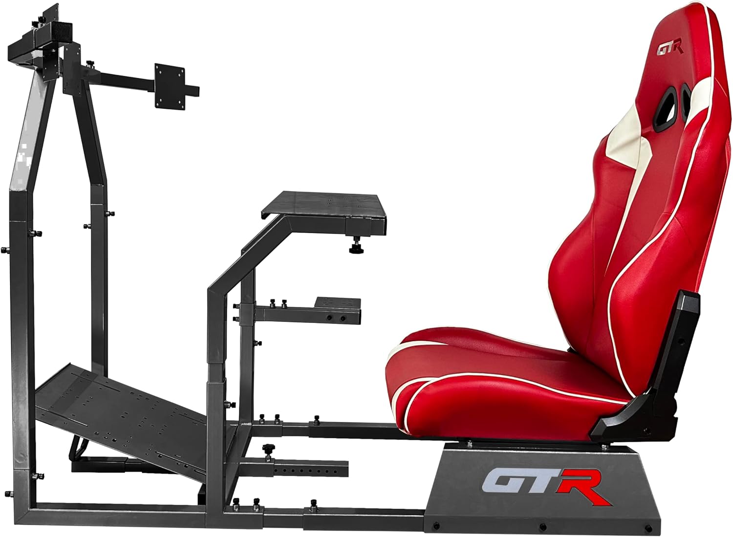 GTR Simulator GTA-F Model Black Frame Triple | Single Monitor Stand with Red White Adjustable Leatherette Seat Racing Driving Gaming Simulator Cockpit Chair