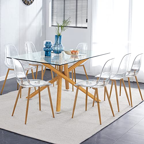 63 Inch Glass Dining Table,4-6 Person Home Dining Table Large Size Kitchen and Dining Room Table with Tempered Glass top and Silver Metal Legs, Modern Rectangular Dining Table (Silver Legs