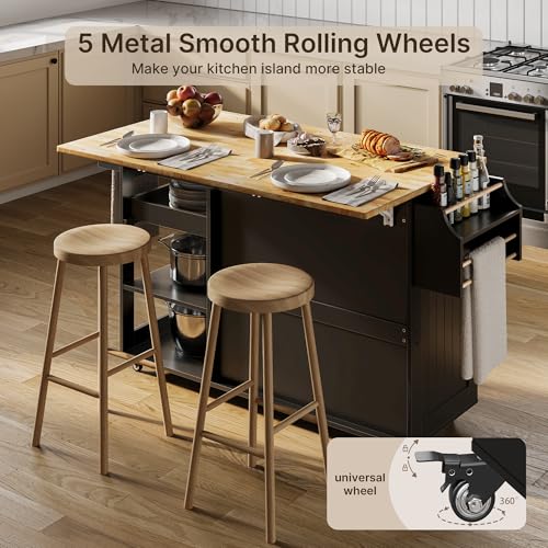 Gizoon Rolling Kitchen Island with Drop Leaf, 60.6" Width Wood Countertop, Kitchen Carts on Wheels with Large Storage Cabinet, Adjustable Shelf, Spice Towel Rack, Removable Tray, White