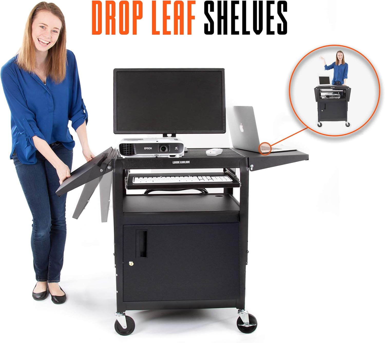 Line Leader Large AV Cart with Locking Cabinet & Drop Leaves | Height Adjustable Utility Cart | Includes Pullout Keyboard Tray & Cord Management | Easy Assembly (54in x 18in x 42in / Black)