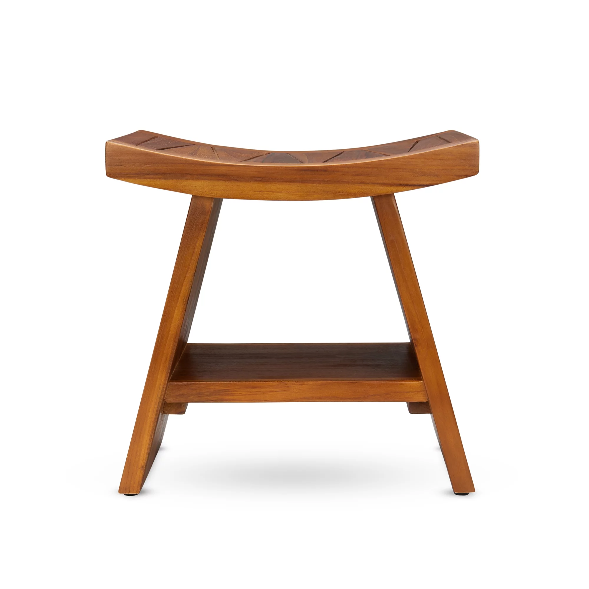 TeakCraft Teak Shower Stool with Shelf  Water Resistant, Non-Slip Premium Indonesian Teak Wood Bath Seat Bench for Shower  Fully Assembled Wood Spa Bath Organizer Seat with Leveling Feet, The Randi