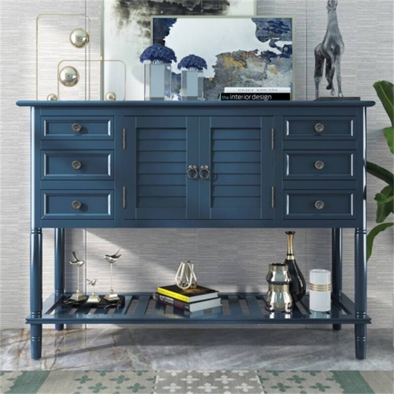 Modern Console Table Sofa Table with 6 Drawers,1 Cabinetsu00261 Shelf - Blue