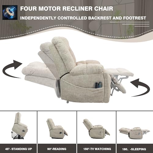 Light Grey Recliner Chair for Elderly | Tall and Big Man 400lbs | Chenille | Power Lift, Lay Flat, Stand Up, Wireless Charging Device, Extended Footrest, Massage Heat, Cup Holder, Lumbar Pillow