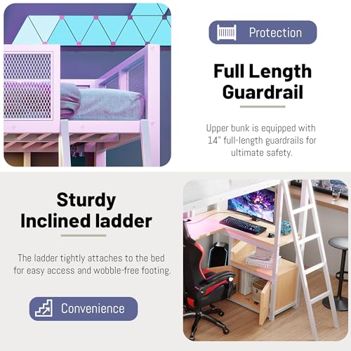 Full Size Loft Bed with Desk and Stairs,Metal Gaming Loft Bed Full with Wardrobe and Shelf, High Loft Bed with LED & USB Charging Station for Teens, Adults, Space Saving Design,Black