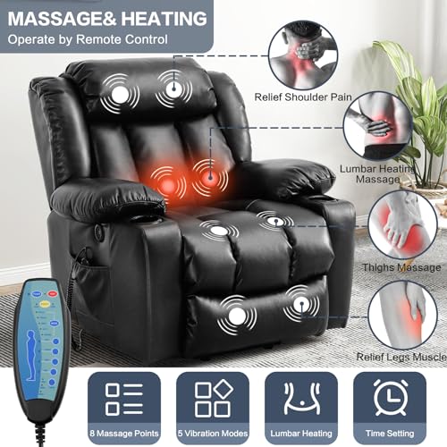 Power Lift Recliner Chair for Elderly, Electric Assist Lift Chairs with Massage & Heat, Cup Holders, Side Pockets, USB Ports, Remote Control, Leather (Ochre)