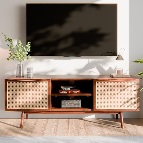 Bme Nancy Solid Acacia Wood Coffee Table for Living Room, Spacious Oval-Shaped 237 Lbs Top Capacity, Rattan Shelf Below, Mid Century, Rustic and Modern Style Living Room Furniture, Dark Chocolate