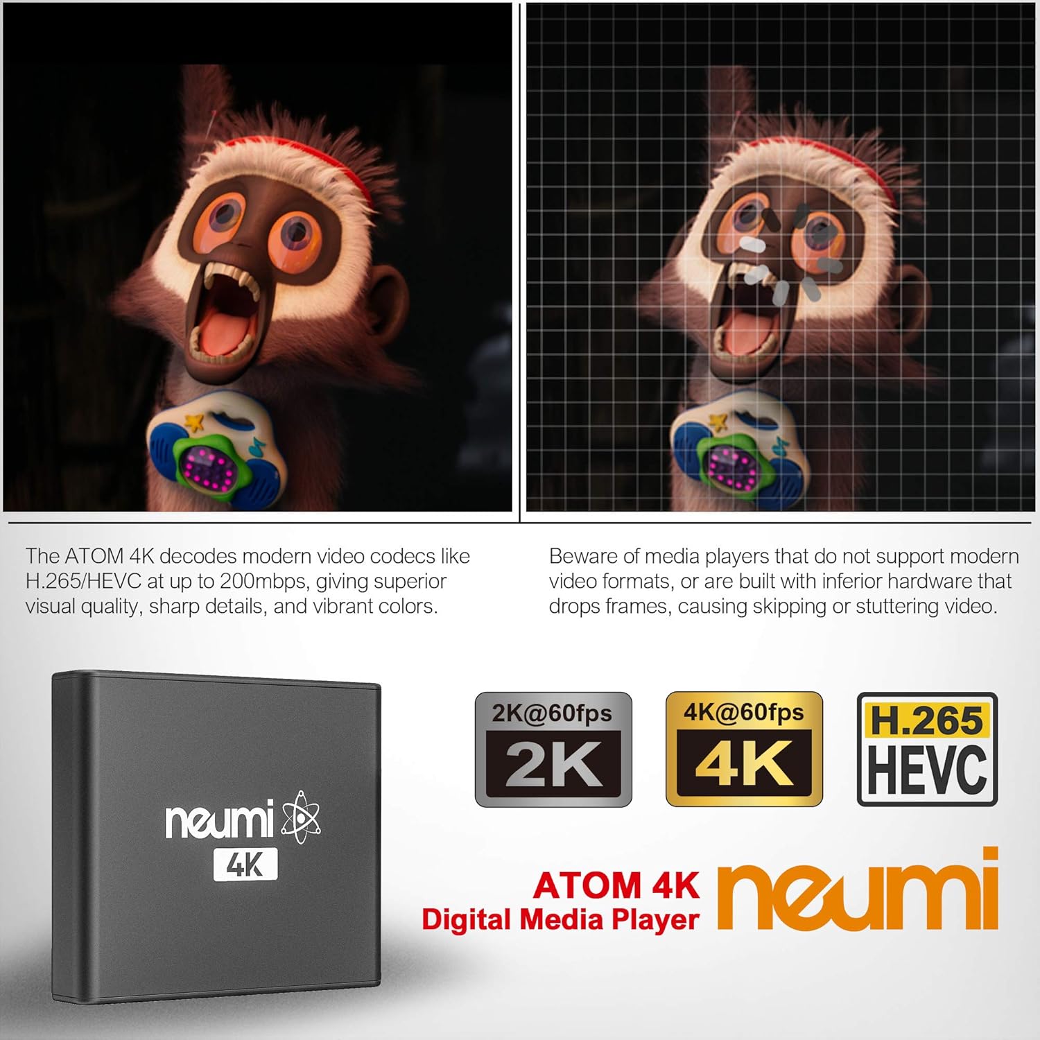 NEUMI Atom 4K Ultra-HD Digital Media Player for USB Drives and SD Cards - Plays 4K/UHD 60fps Videos, HEVC/H.265, HDMI and Analog AV, Automatic Playback and Looping Capability