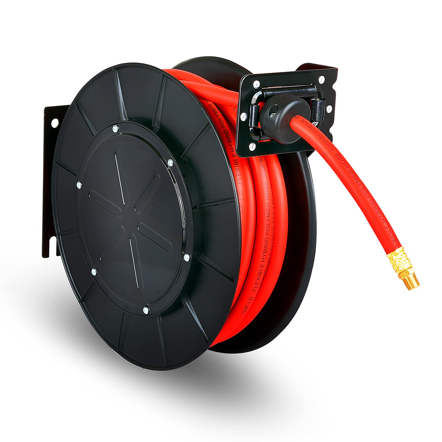 ReelWorks Air Hose Reel Retractable 3/8" Inch x 50' Foot Hybrid Polymer Hose Max 300PSI Polypropylene Drum Construction