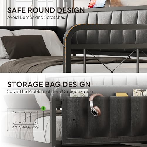 LIKIMIO Daybed with Trundle Bed, Twin Bed Frame with Storage Headboard and Charging Station, Sofa Day Bed with Strong Supports for Living Room, Bedroom, and Guest Room, Grey