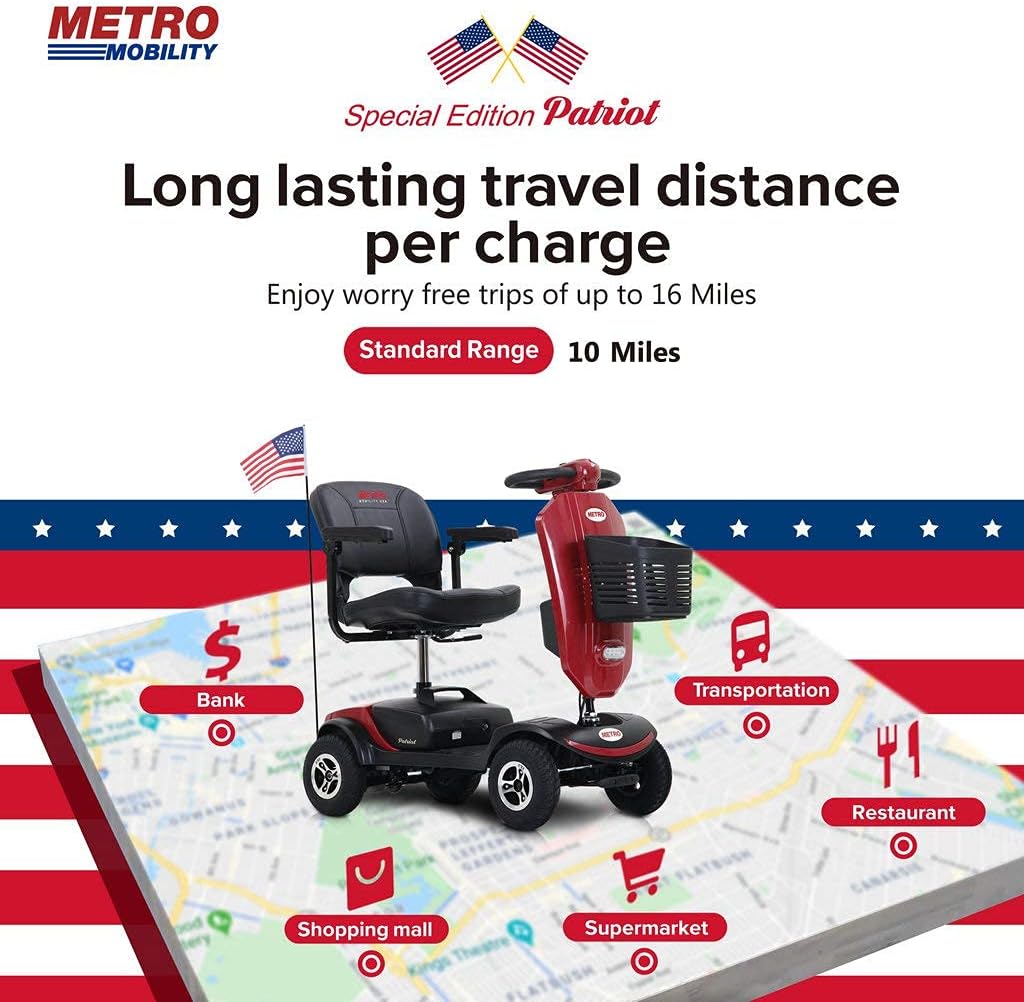 Metro Mobility 4 Wheel Powered Mobility Scooters for Seniors - 300 lbs Capacity Electric Scooter with Seat for Adults, Travel - Long Range Power Extended Battery & USB Charging Port - Red